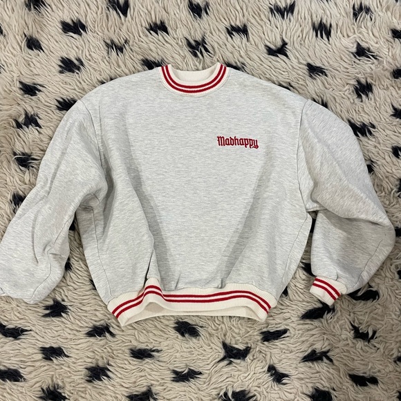 Madhappy Sweaters - MADHAPPY 🙃Grey Crewneck Sweatshirt w/ Red Stripes